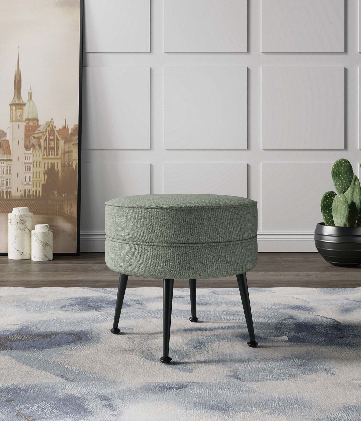 Manhattan Comfort Bailey Mid-Century Modern Woven Polyester Blend Upholstered Ottoman in Sage Green with Black Feet OT003-SGB