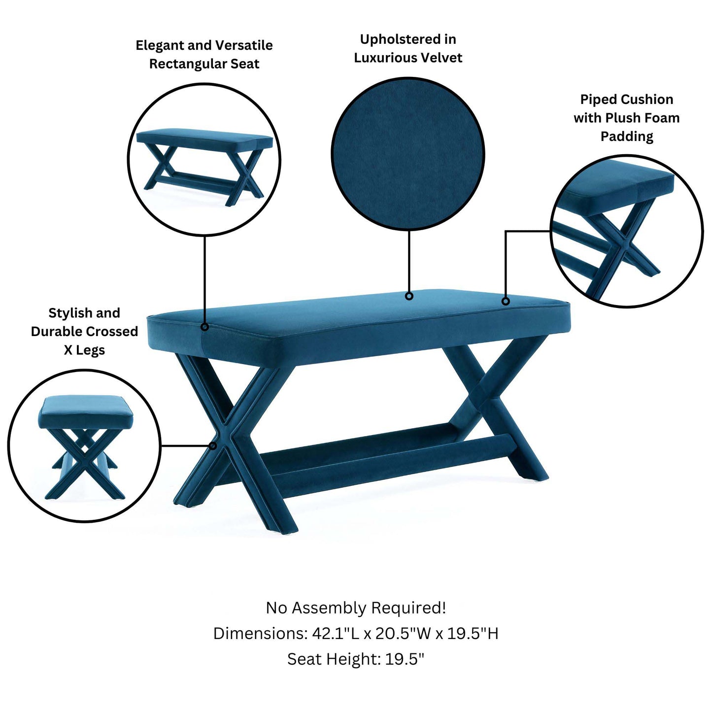 Abigail Mid-Century Modern Upholstered Velvet Accent Bench for Entryway & Bedroom