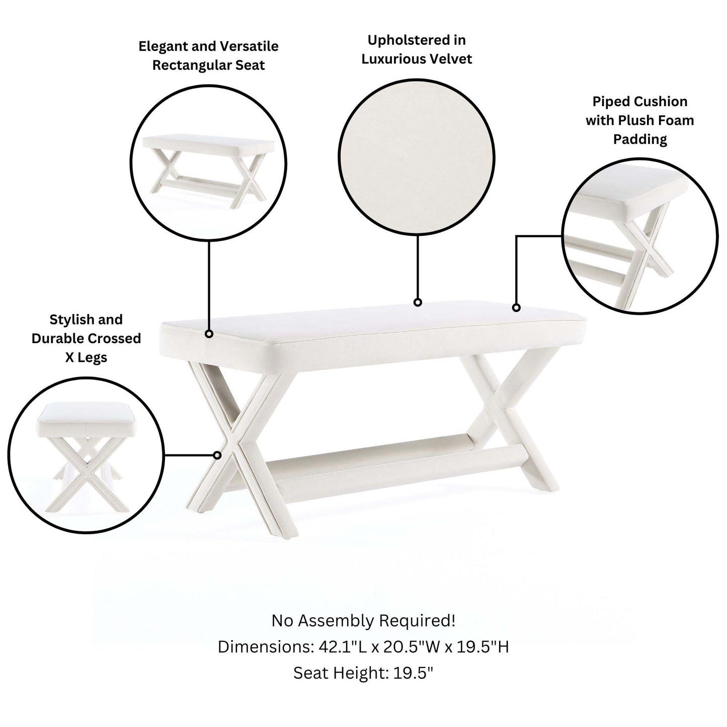 Abigail Mid-Century Modern Upholstered Velvet Accent Bench for Entryway & Bedroom