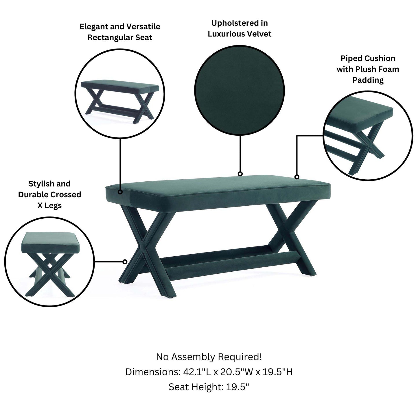 Abigail Mid-Century Modern Upholstered Velvet Accent Bench for Entryway & Bedroom