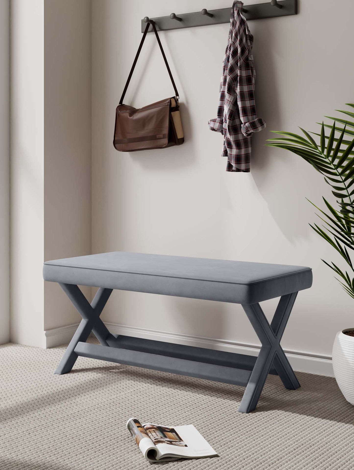 Manhattan Comfort Abigail Mid-Century Modern Velvet Upholstered Bench in Grey- OT005-GY