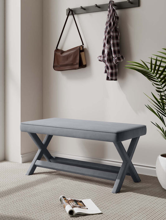 Manhattan Comfort Abigail Mid-Century Modern Velvet Upholstered Bench in Grey- OT005-GY