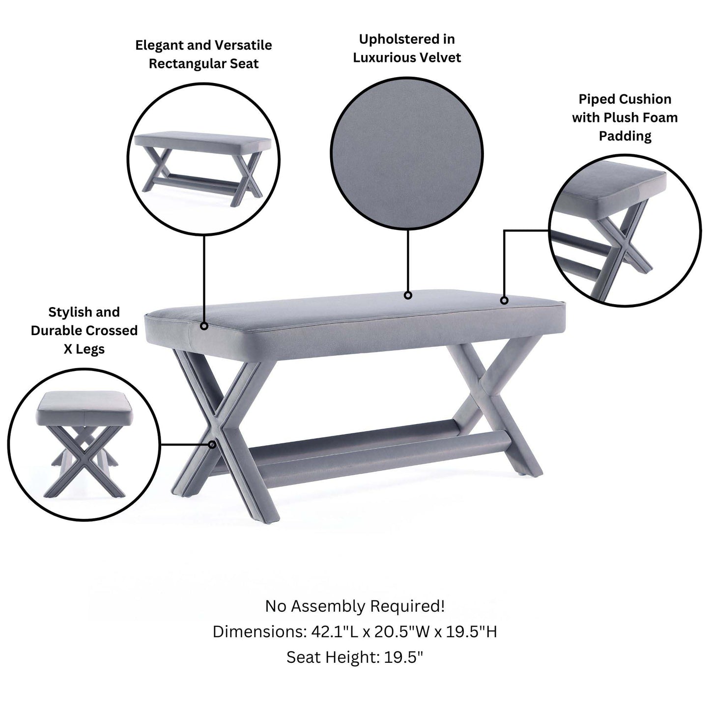 Manhattan Comfort Abigail Mid-Century Modern Velvet Upholstered Bench in Grey- OT005-GY