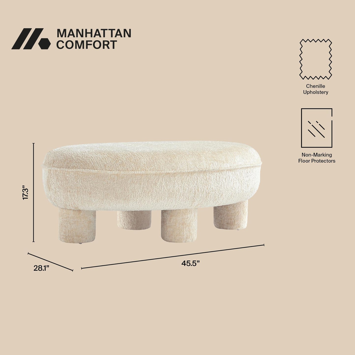 Tribeca Mid-Century Modern  Chenille Accent Ottoman in Cream OT1629-1