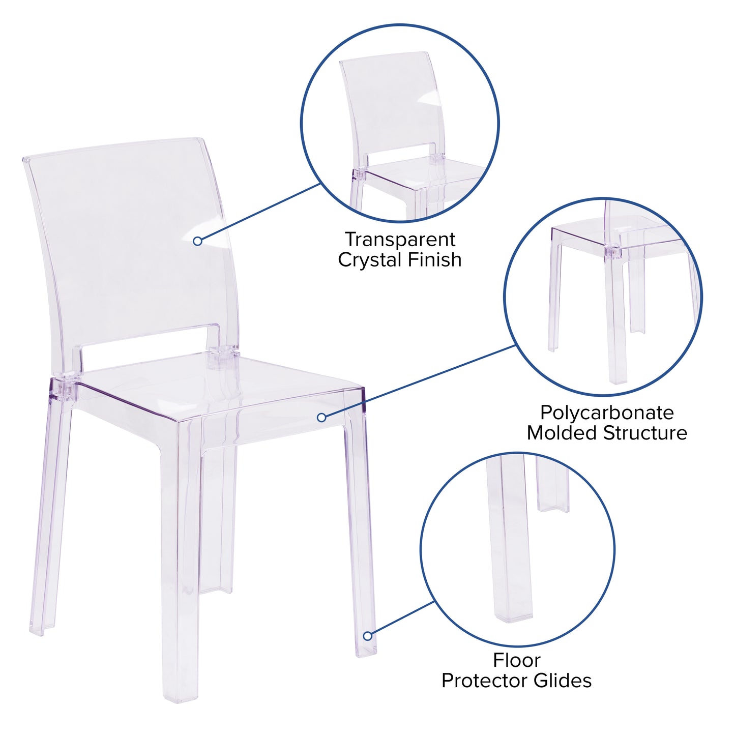 Emilie Ghost Chair with Square Back in Transparent Crystal Transparent Crystal