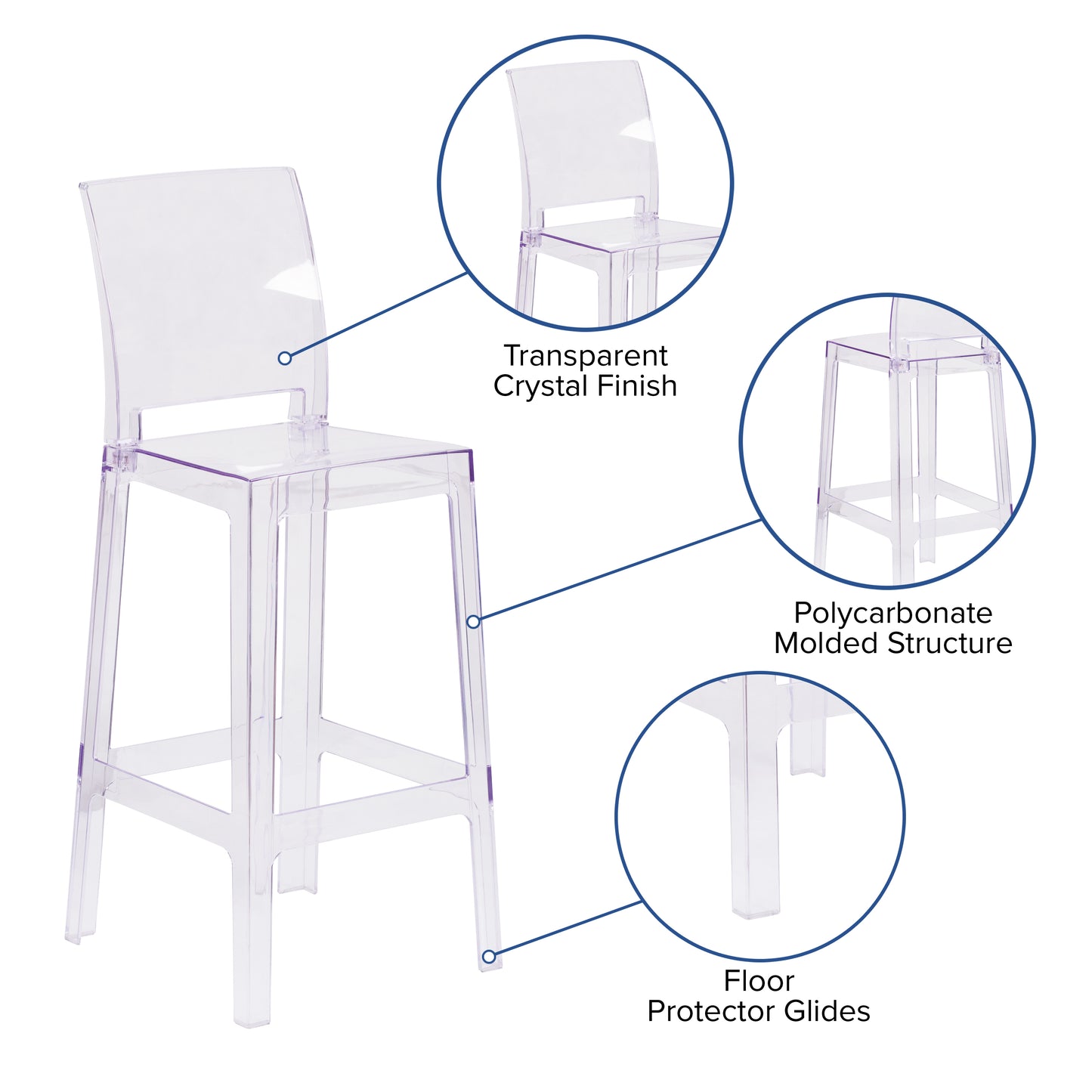 Emilie Ghost Barstool with Square Back in Transparent Crystal Transparent Crystal