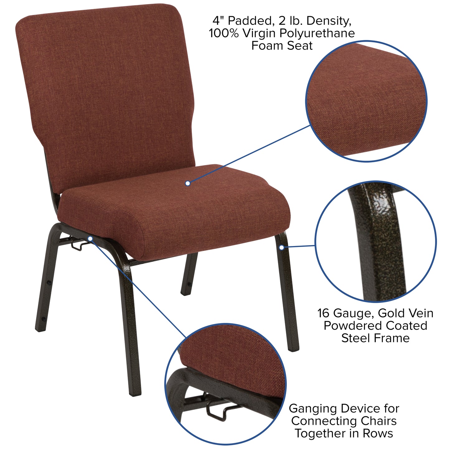 Advantage 20.5 in. Cinnamon Molded Foam Church Chair Cinnamon Fabric/Gold Vein Frame