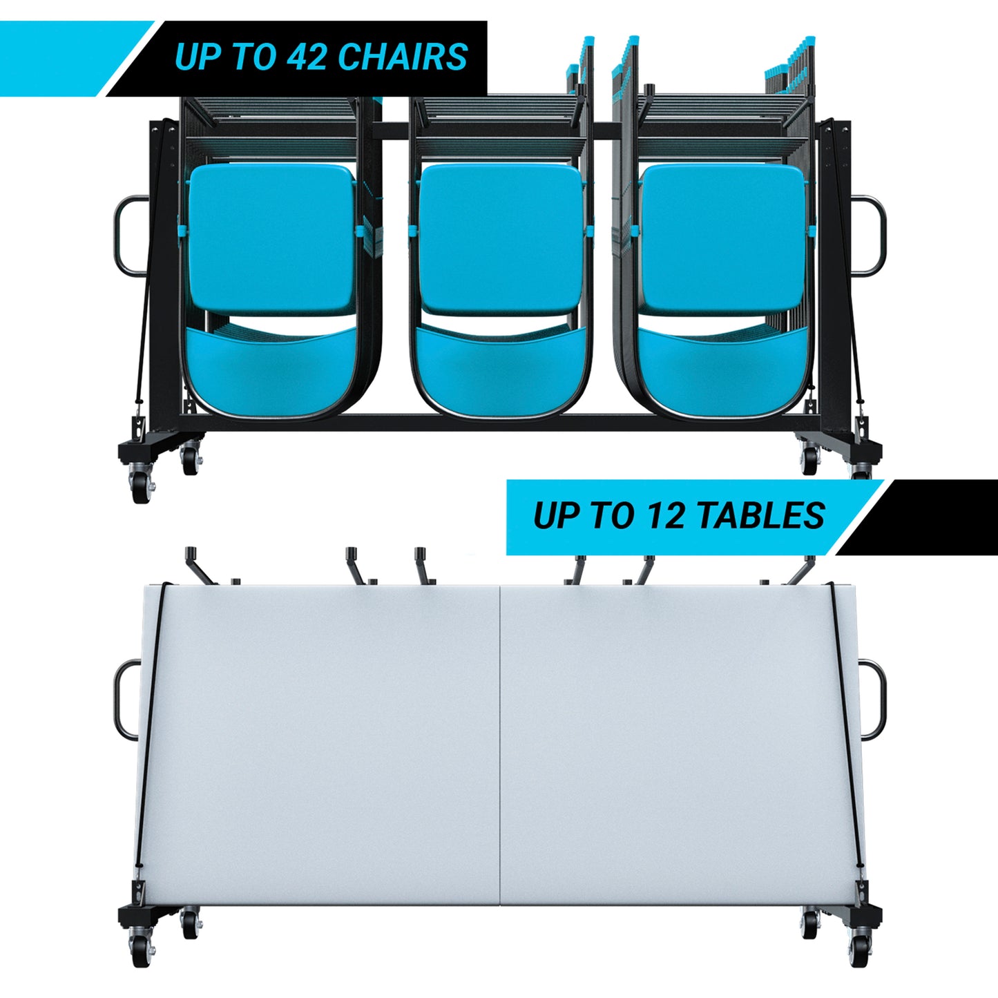 Hawkins Heavy Duty Folding Table and Chairs Mobile Cart-Locking Wheels, Holds up to 42 Folding Chairs or 12 Tables, Black Black