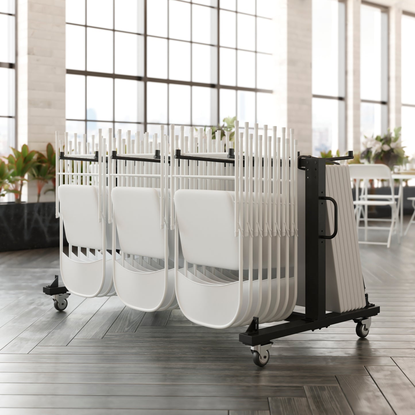 Hawkins Heavy Duty Folding Table and Chairs Mobile Cart-Locking Wheels, Holds up to 42 Folding Chairs or 12 Tables, Black Black