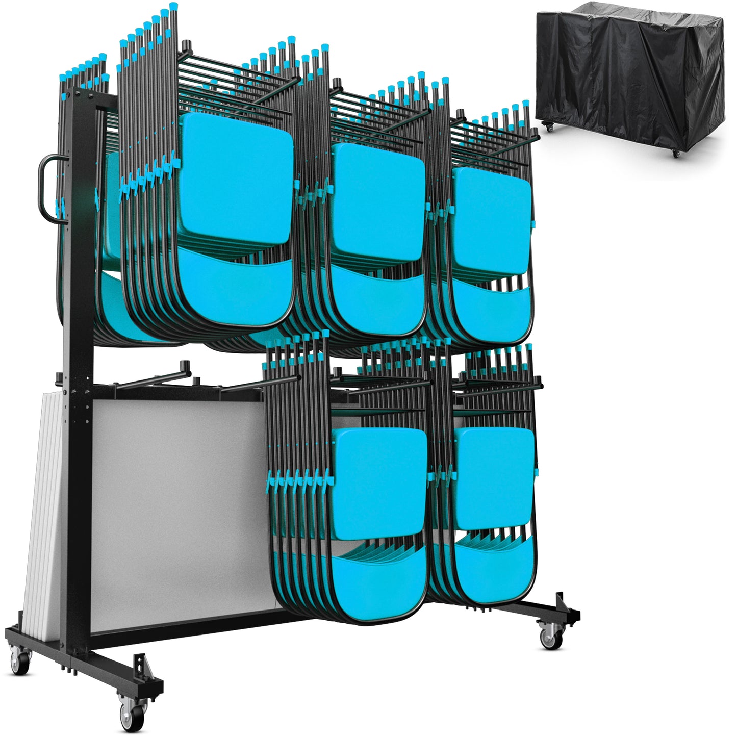 Hawkins Heavy Duty Folding Table and Chairs Mobile Cart-Locking Wheels, Outdoor Cover, Holds up to 84 Folding Chairs or 42 Chairs and 12 Tables, Black Black