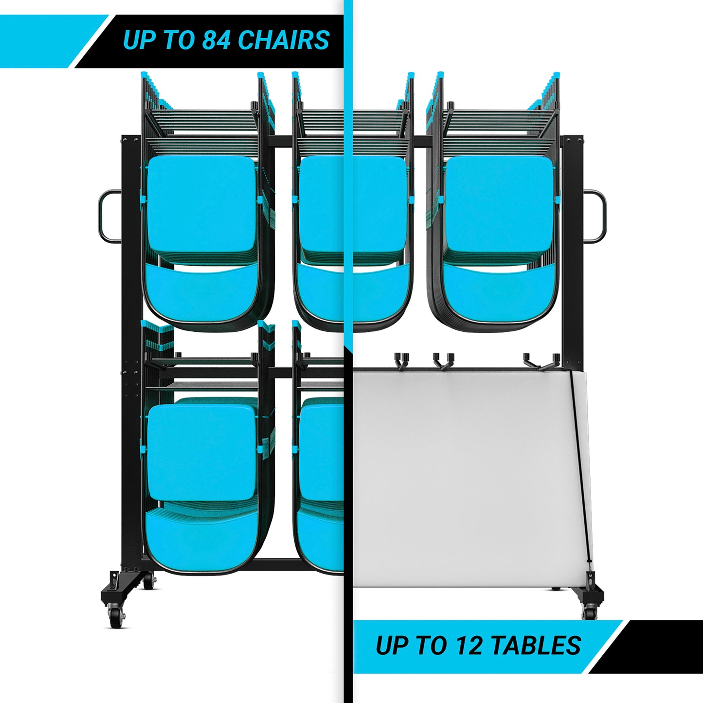 Hawkins Heavy Duty Folding Table and Chairs Mobile Cart-Locking Wheels, Outdoor Cover, Holds up to 84 Folding Chairs or 42 Chairs and 12 Tables, Black Black