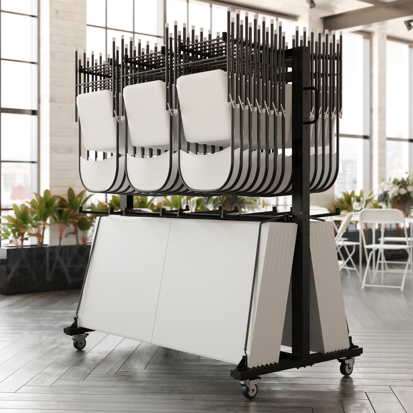 Hawkins Heavy Duty Folding Table and Chairs Mobile Cart-Locking Wheels, Outdoor Cover, Holds up to 84 Folding Chairs or 42 Chairs and 12 Tables, Black Black