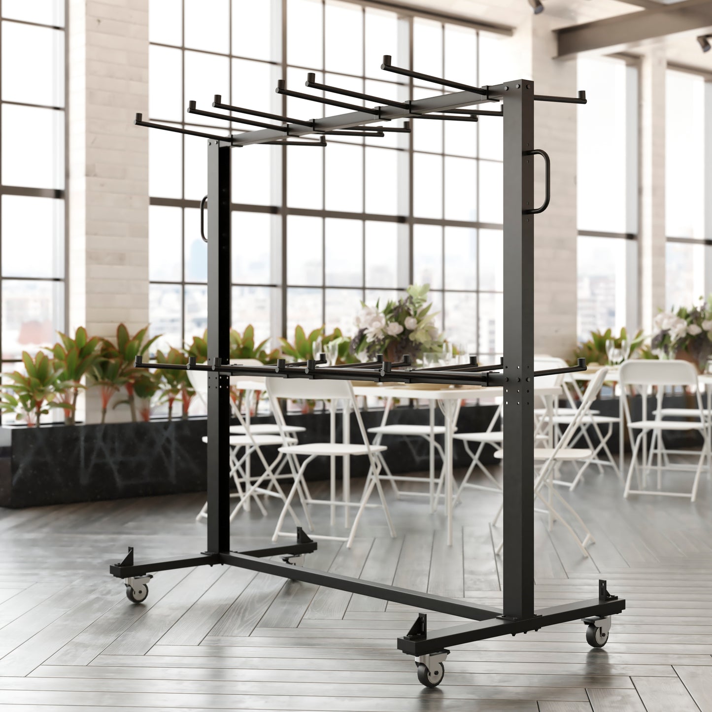 Hawkins Heavy Duty Folding Table and Chairs Mobile Cart-Locking Wheels, Outdoor Cover, Holds up to 84 Folding Chairs or 42 Chairs and 12 Tables, Black Black