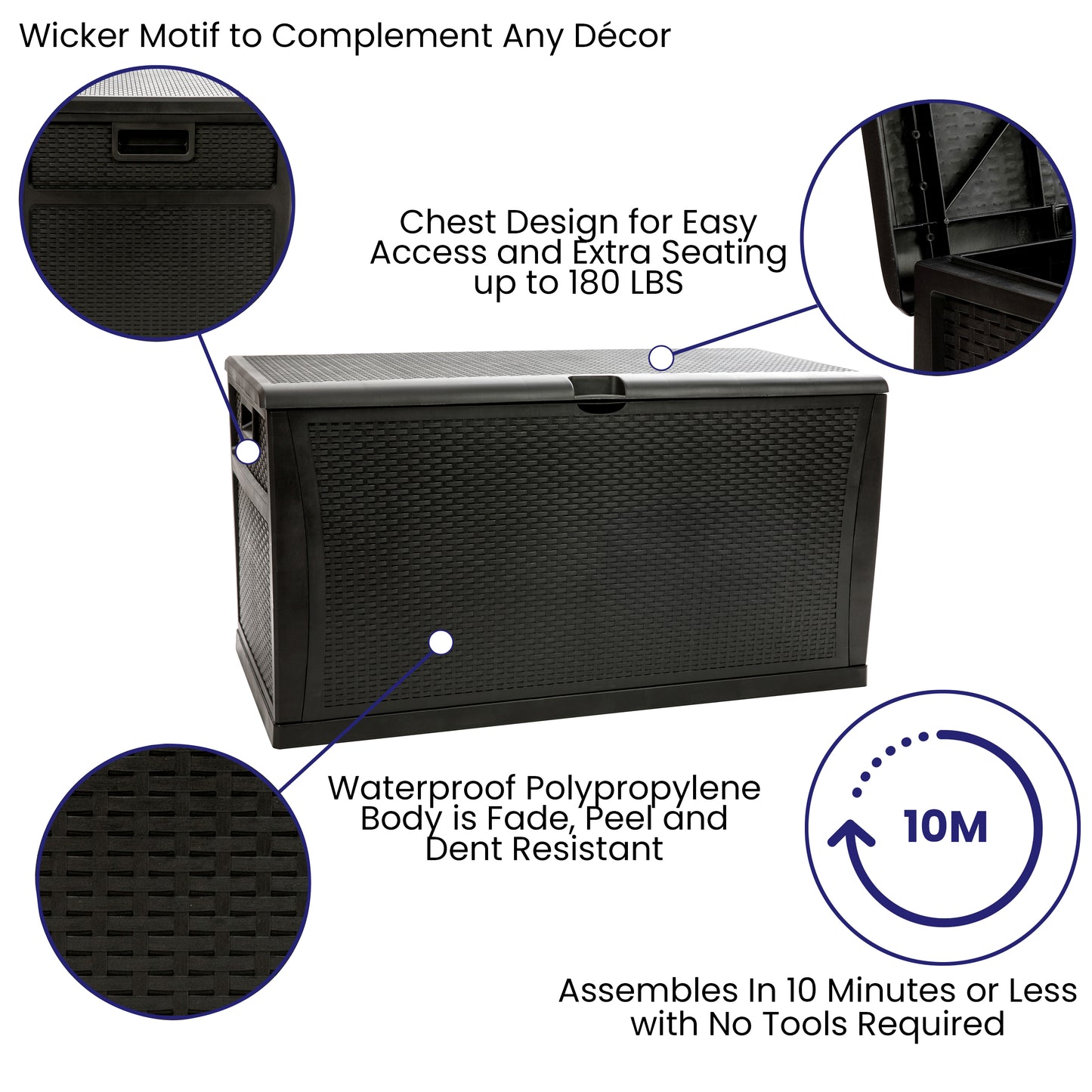 Nobu 120 Gallon Plastic Deck Box - Outdoor Waterproof Storage Box for Patio Cushions, Garden Tools and Pool Toys, Black Black