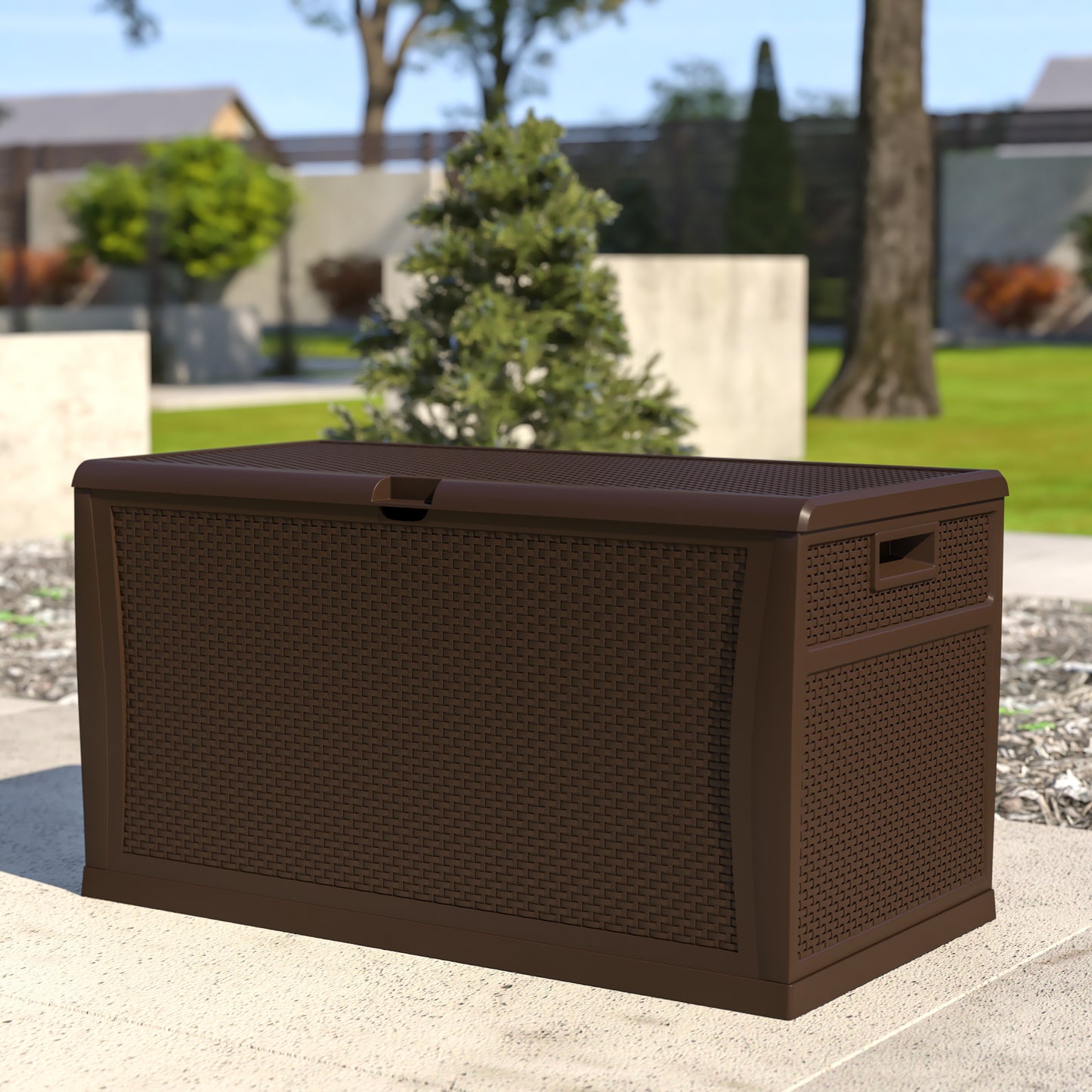 Nobu 120 Gallon Plastic Deck Box - Outdoor Waterproof Storage Box for Patio Cushions, Garden Tools and Pool Toys, Brown Brown