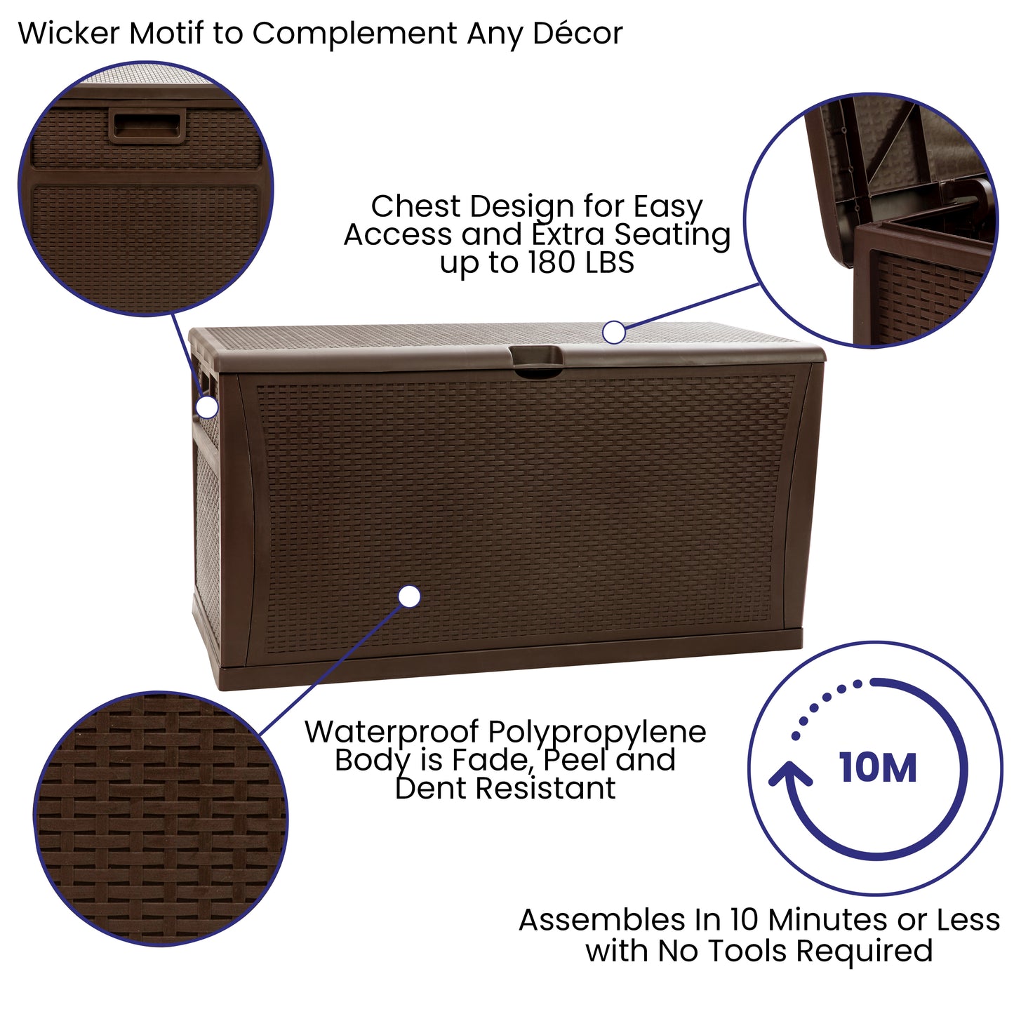 Nobu 120 Gallon Plastic Deck Box - Outdoor Waterproof Storage Box for Patio Cushions, Garden Tools and Pool Toys, Brown Brown