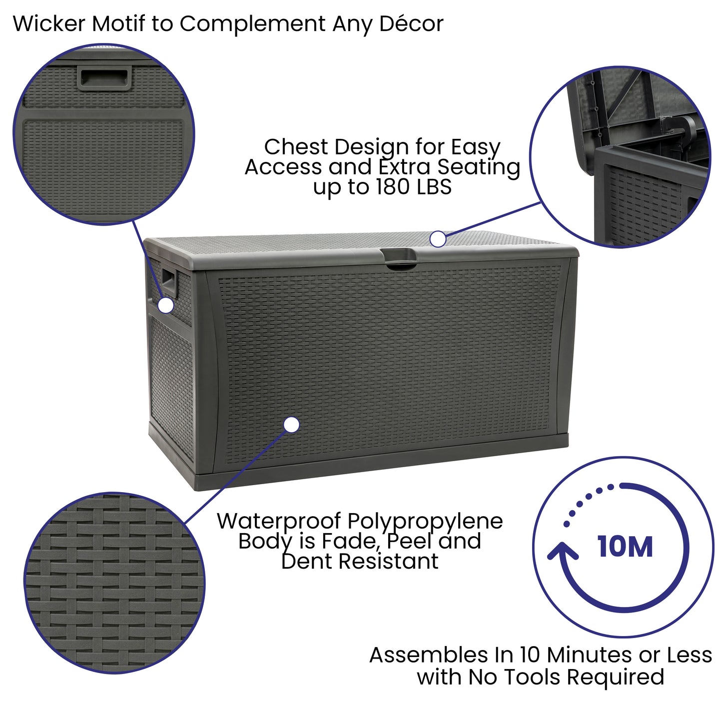 Nobu 120 Gallon Plastic Deck Box - Outdoor Waterproof Storage Box for Patio Cushions, Garden Tools and Pool Toys, Gray Gray