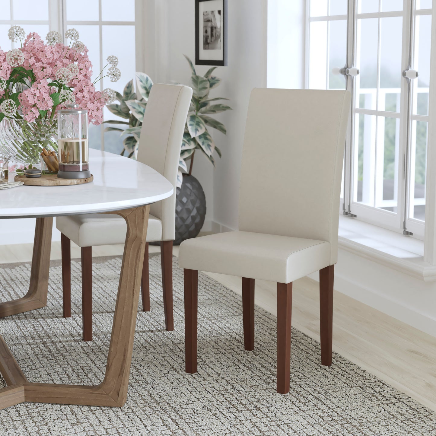 Greenwich Series Ivory LeatherSoft Upholstered Panel Back Mid-Century Parsons Dining Chair Beige LeatherSoft QY-A37-9061-BGL-GG