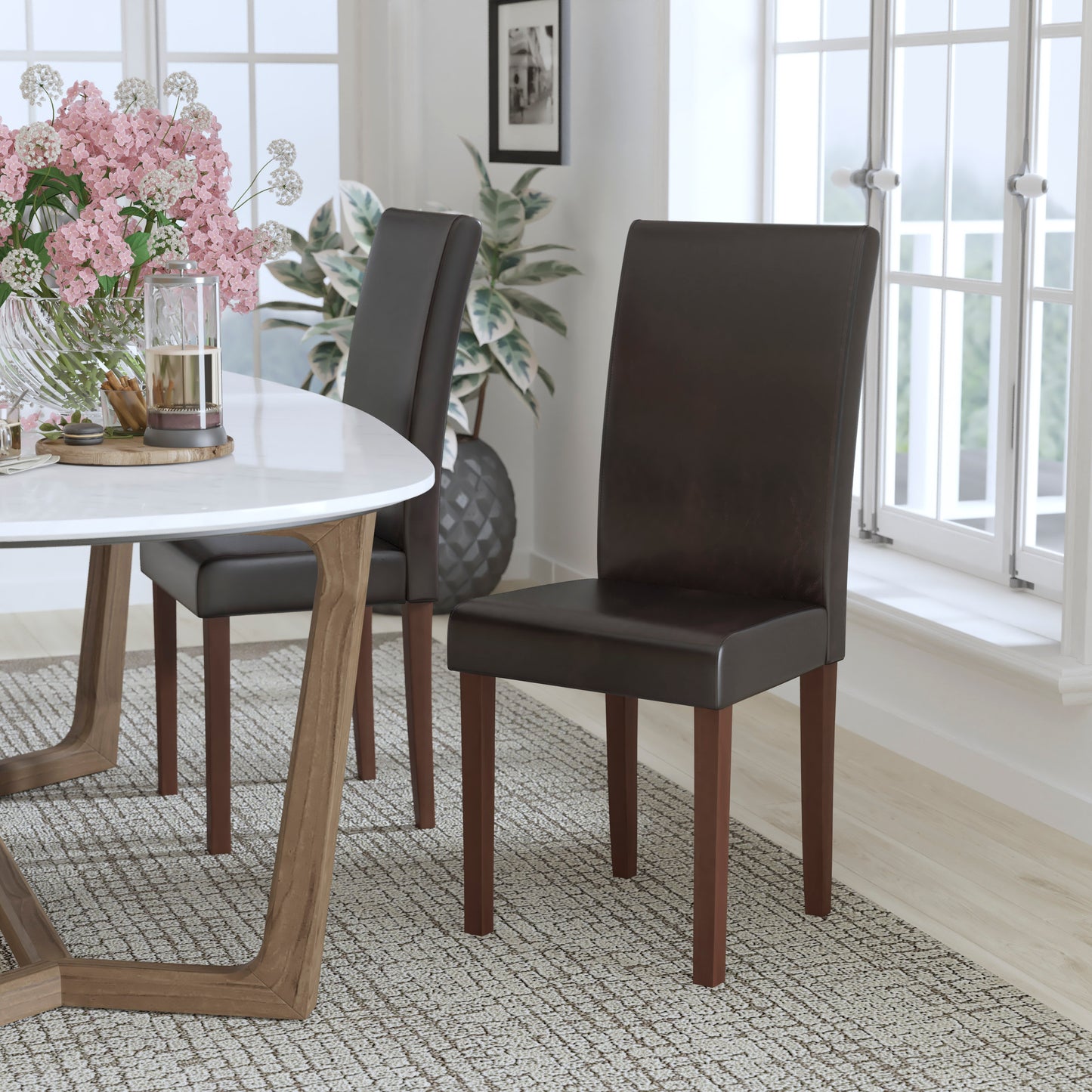Greenwich Series Brown LeatherSoft Upholstered Panel Back Mid-Century Parsons Dining Chair Brown LeatherSoft