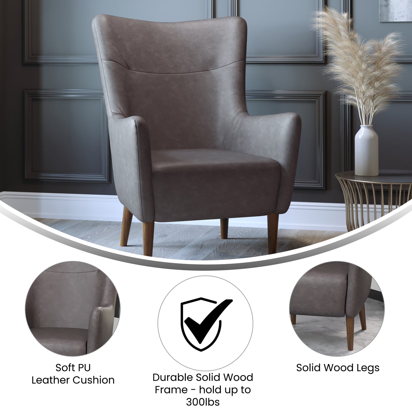 Connor Traditional Wingback Accent Chair, Commercial Grade Faux Leather Upholstery and Wooden Frame and Legs, Dark Gray Dark Gray