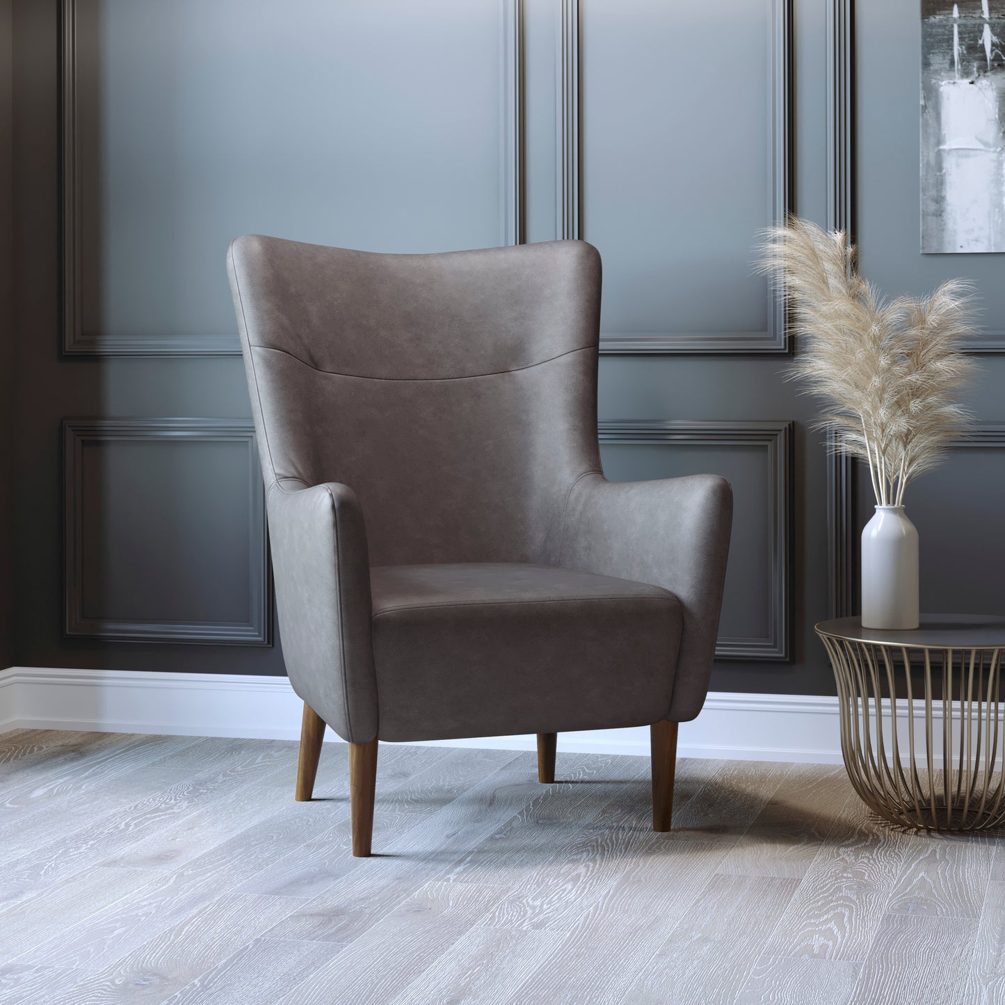 Connor Traditional Wingback Accent Chair, Commercial Grade Faux Leather Upholstery and Wooden Frame and Legs, Dark Gray Dark Gray