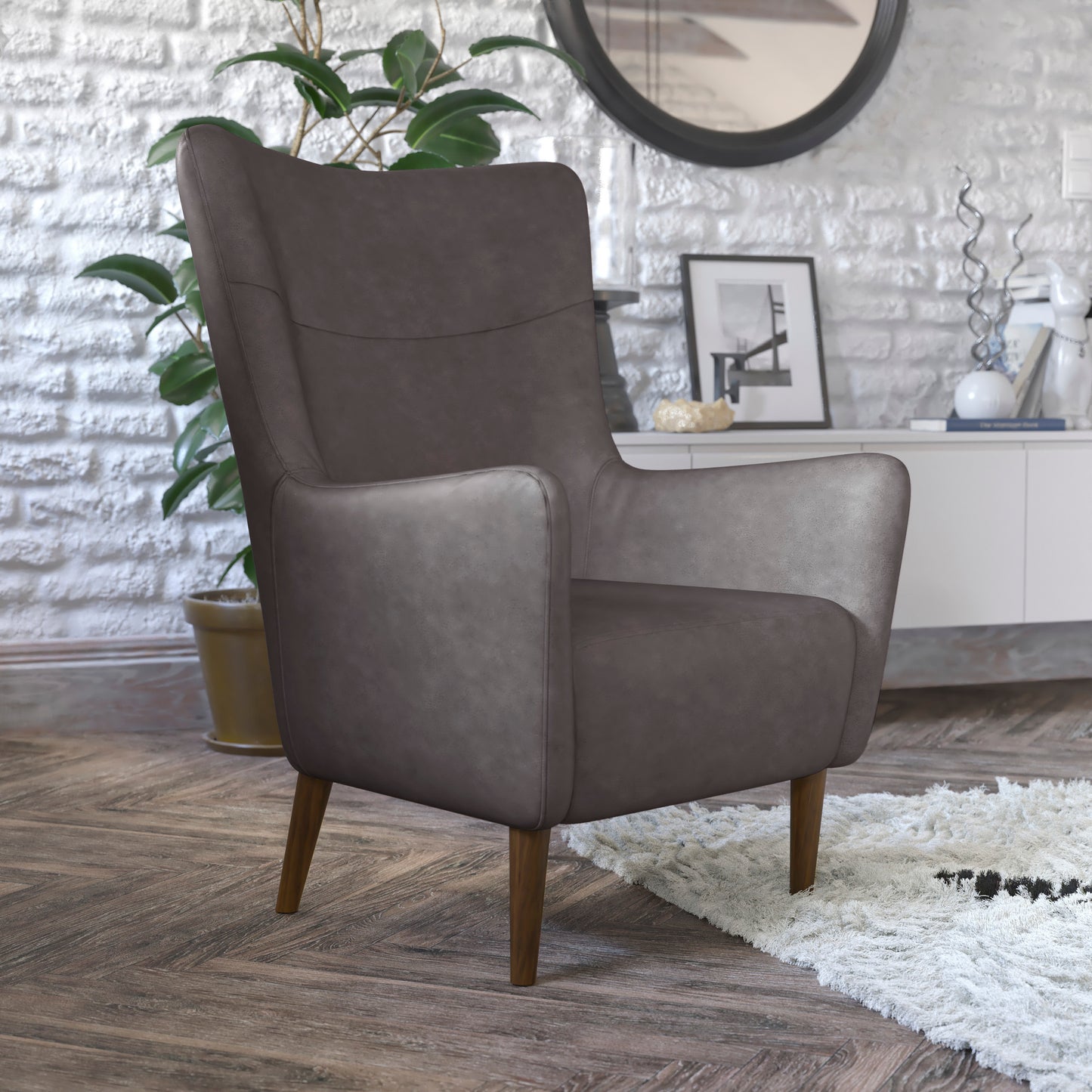 Connor Traditional Wingback Accent Chair, Commercial Grade Faux Leather Upholstery and Wooden Frame and Legs, Dark Gray Dark Gray