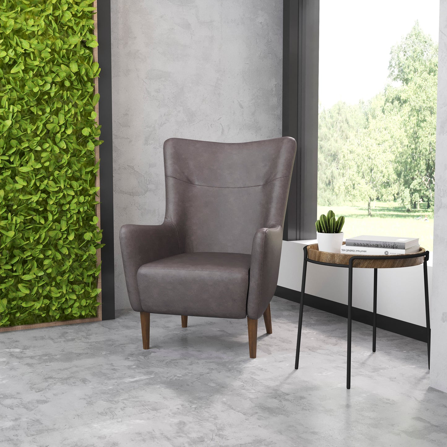 Connor Traditional Wingback Accent Chair, Commercial Grade Faux Leather Upholstery and Wooden Frame and Legs, Dark Gray Dark Gray