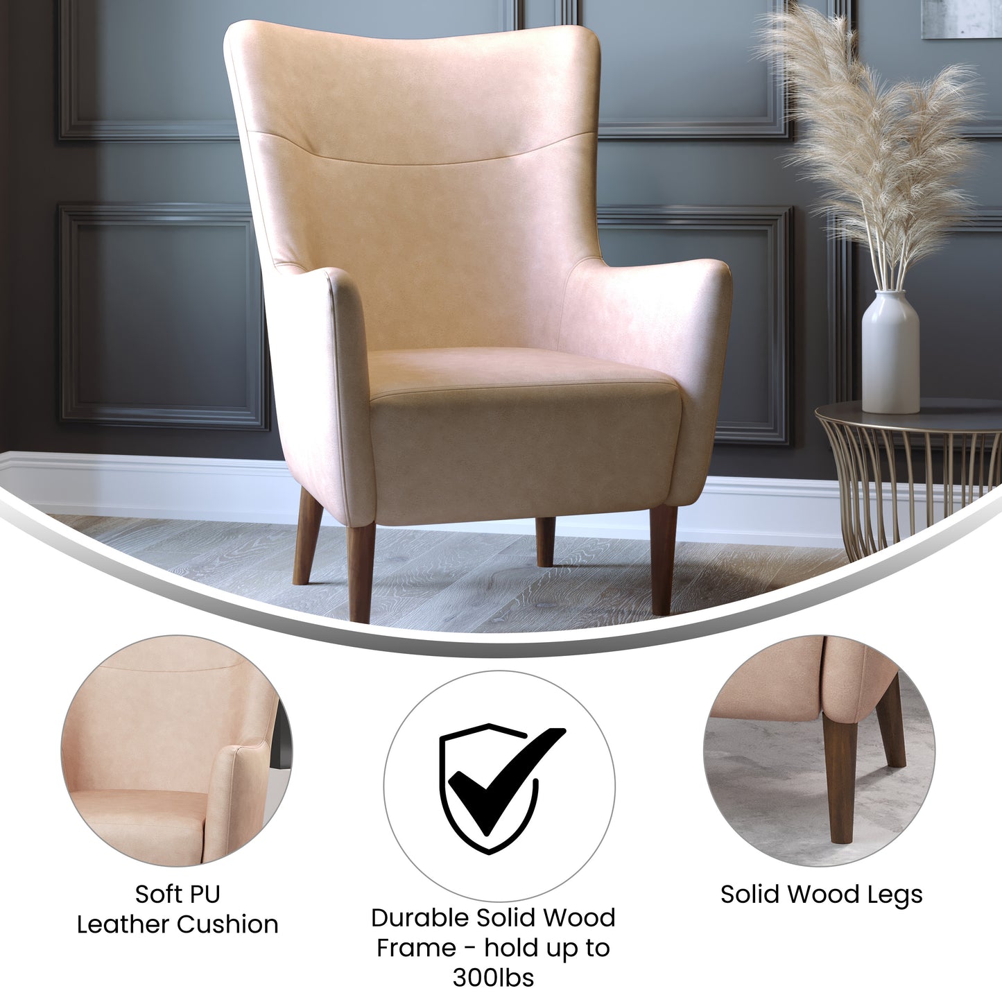 Connor Traditional Wingback Accent Chair, Commercial Grade Faux Leather Upholstery and Wooden Frame and Legs, Light Brown Light Brown