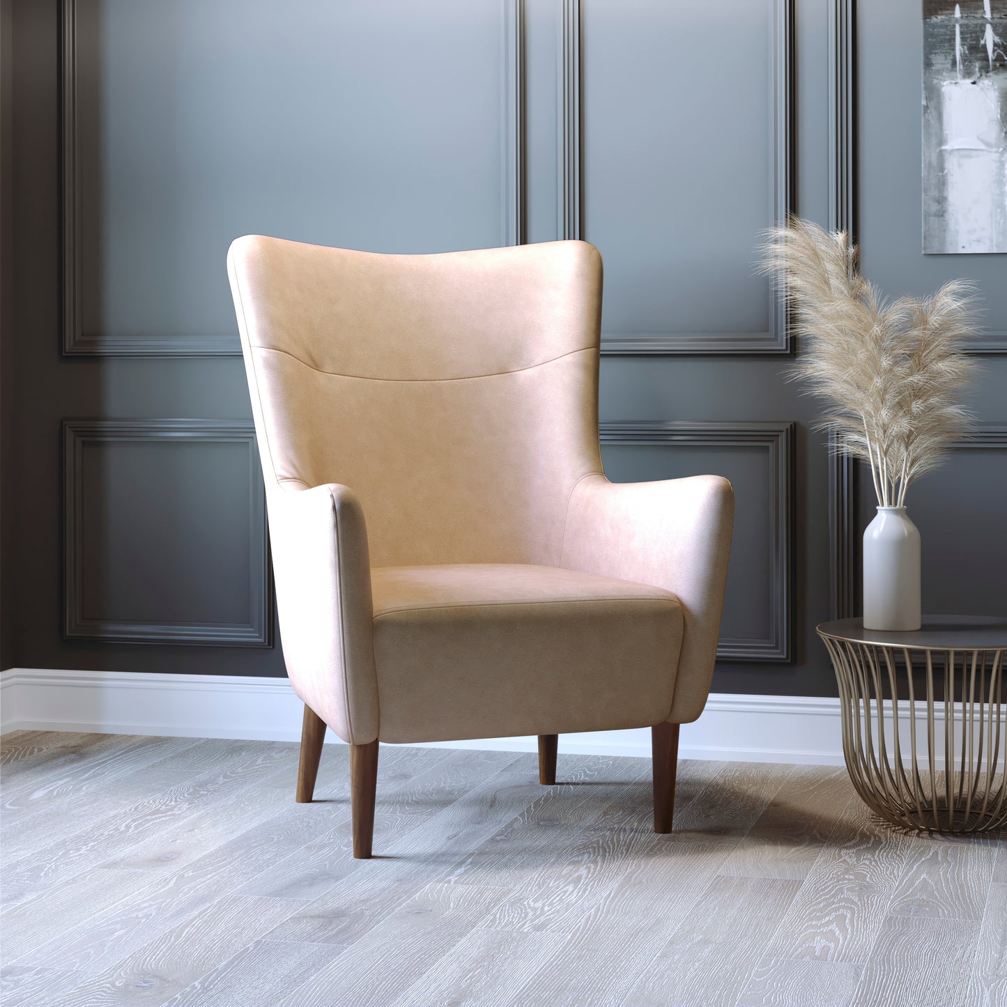 Connor Traditional Wingback Accent Chair, Commercial Grade Faux Leather Upholstery and Wooden Frame and Legs, Light Brown Light Brown