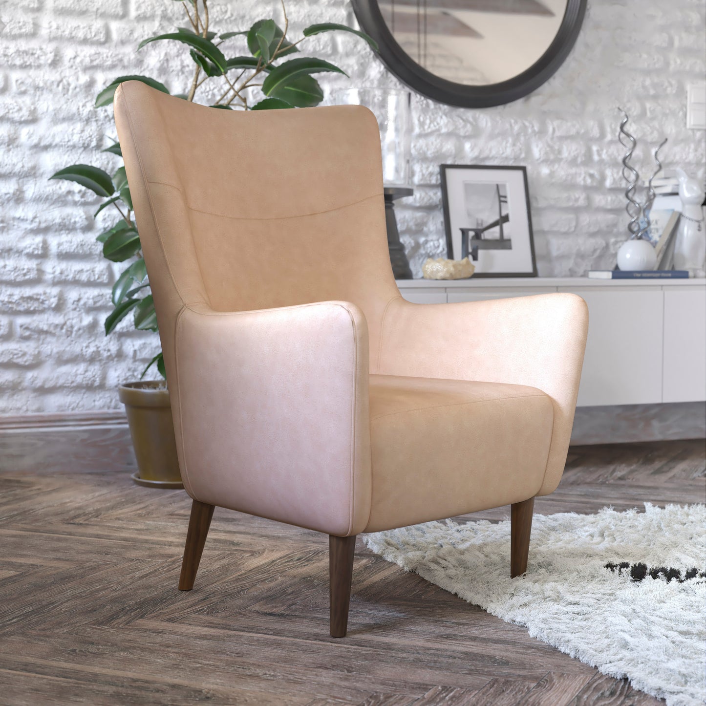 Connor Traditional Wingback Accent Chair, Commercial Grade Faux Leather Upholstery and Wooden Frame and Legs, Light Brown Light Brown