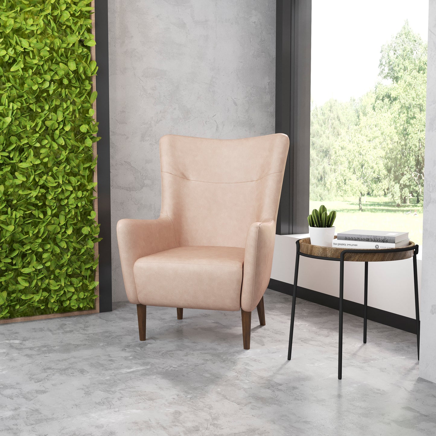 Connor Traditional Wingback Accent Chair, Commercial Grade Faux Leather Upholstery and Wooden Frame and Legs, Light Brown Light Brown