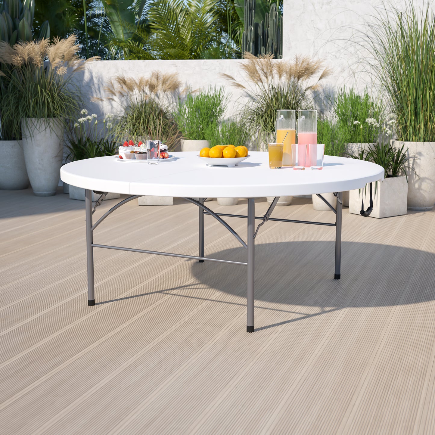 Kathryn 5.89-Foot Round Bi-Fold Granite White Plastic Banquet and Event Folding Table with Carrying Handle Granite White RB-183RFH-GG