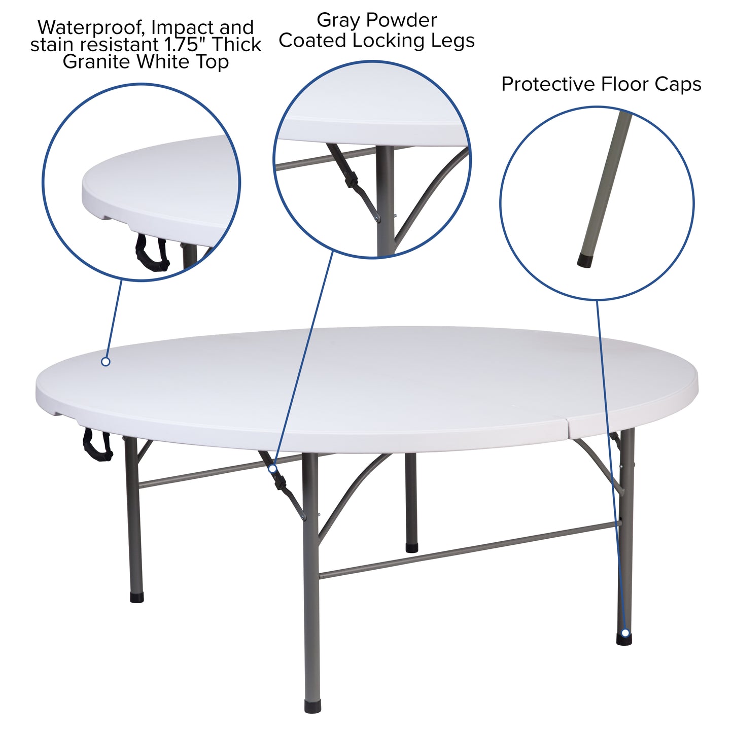 Kathryn 5.89-Foot Round Bi-Fold Granite White Plastic Banquet and Event Folding Table with Carrying Handle Granite White RB-183RFH-GG