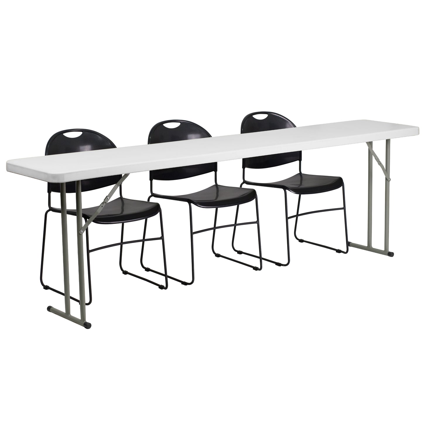 Kathryn 8-Foot Plastic Folding Training Table Set with 3 Black Plastic Stack Chairs Black