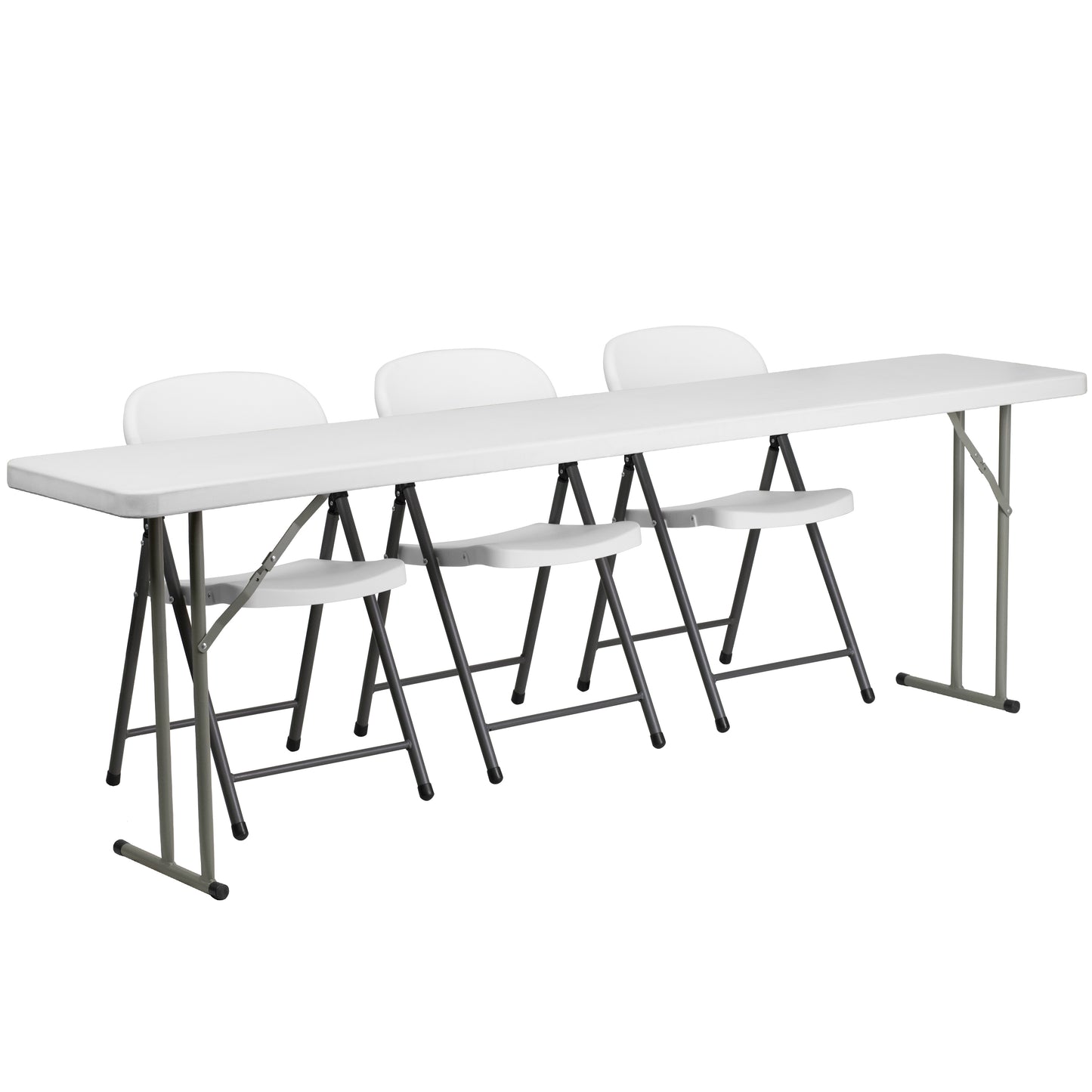 Kathryn 8-Foot Plastic Folding Training Table Set with 3 White Plastic Folding Chairs White