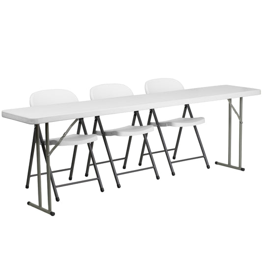 Kathryn 8-Foot Plastic Folding Training Table Set with 3 White Plastic Folding Chairs White