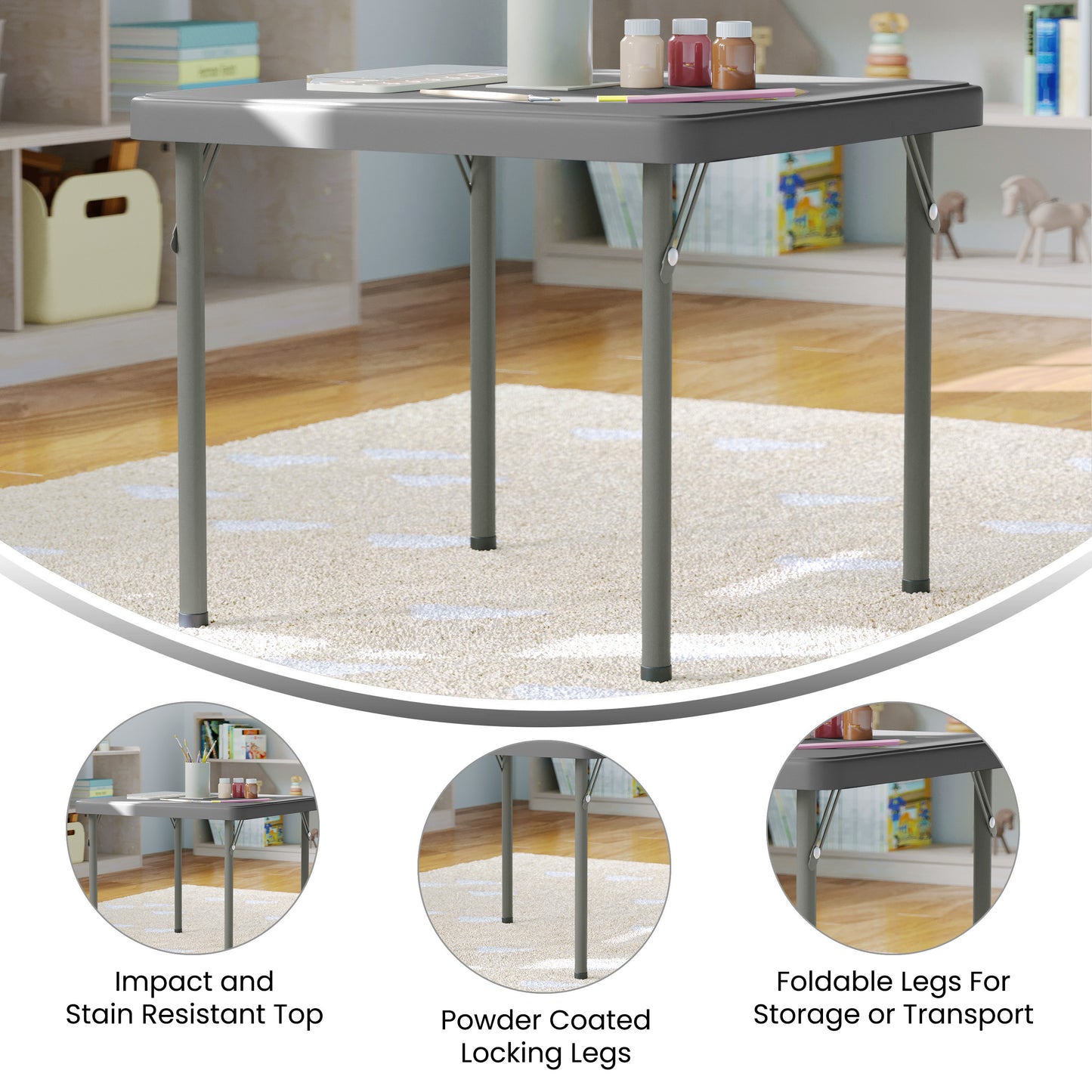 Paige 24x24 Kid's Granite Gray Plastic Folding Table with Locking Legs Granite Gray