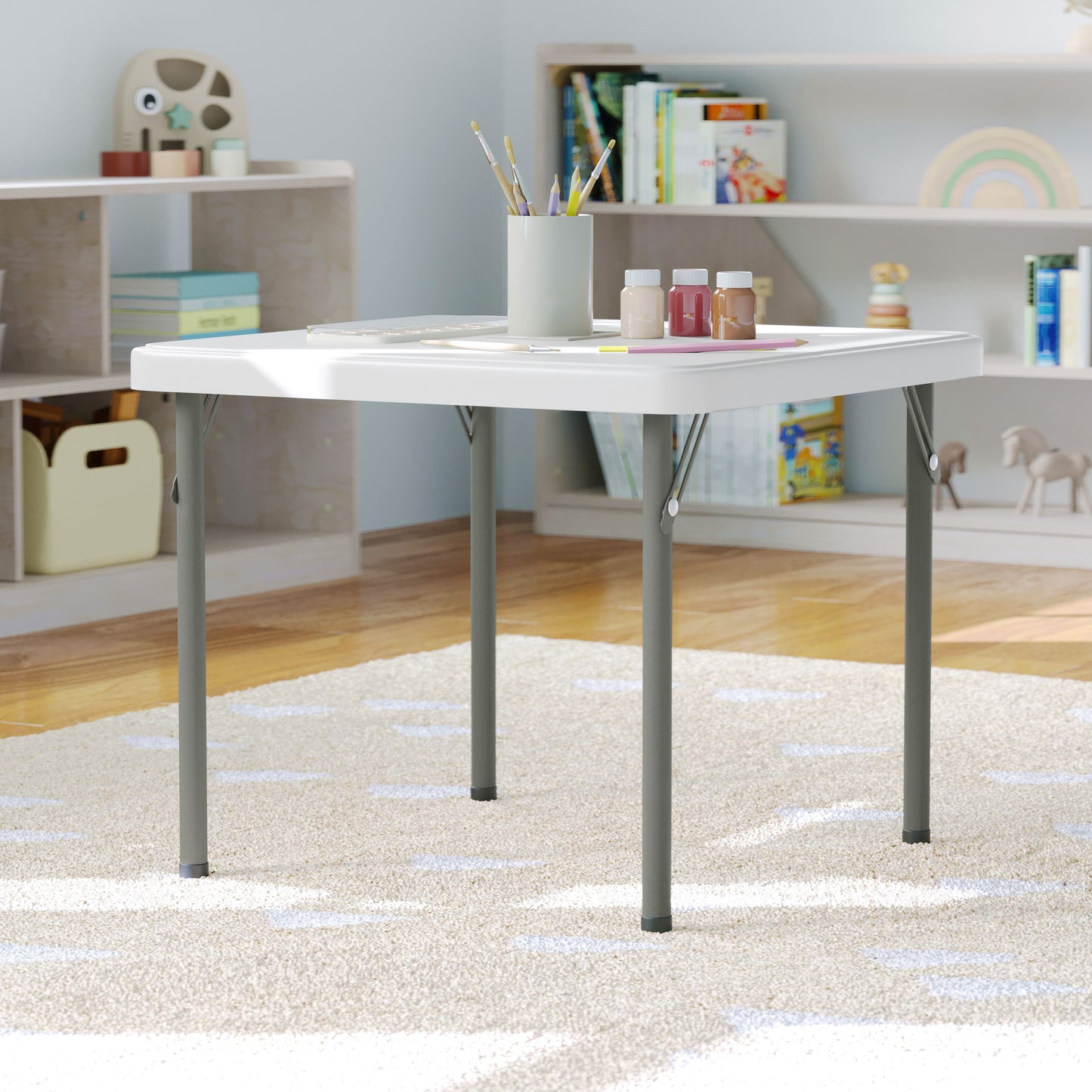 Paige 24x24 Kid's Granite White Plastic Folding Table with Locking Legs Granite White RB-2424-KID-WH-GG