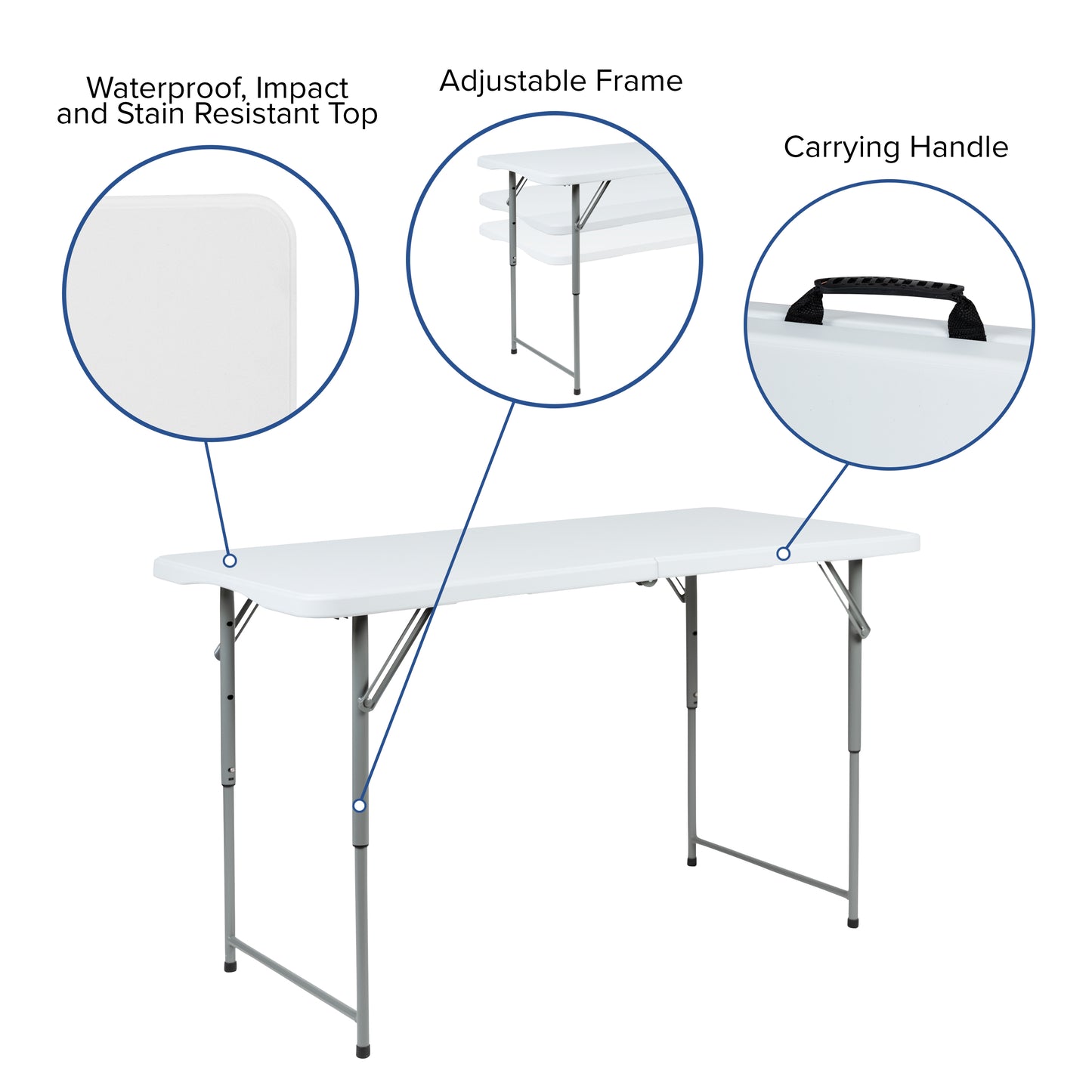 Kathryn 4-Foot Height Adjustable Bi-Fold Granite White Plastic Folding Table Granite White