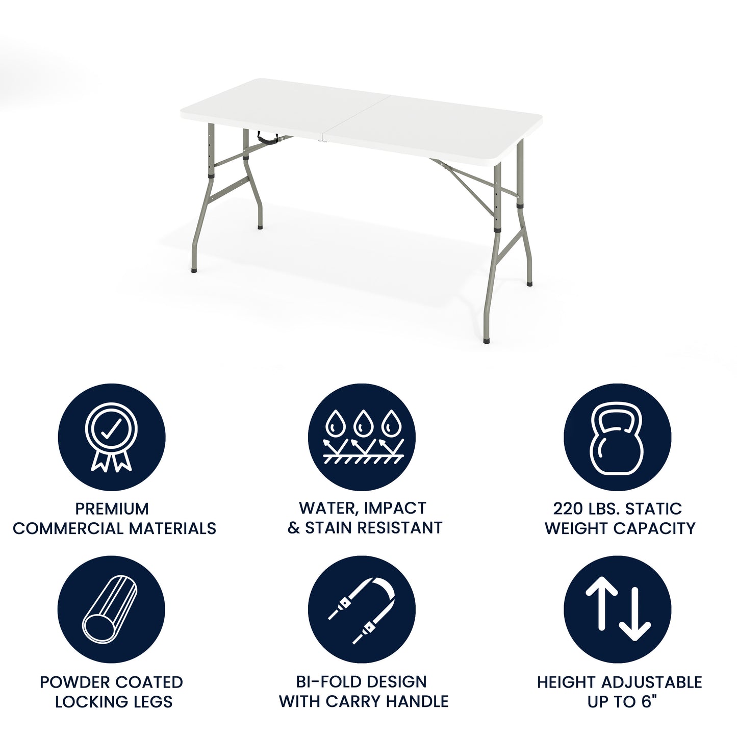 Kathryn 5-Foot Height Adjustable Bi-Fold Granite White Plastic Banquet and Event Folding Table with Carrying Handle Granite White