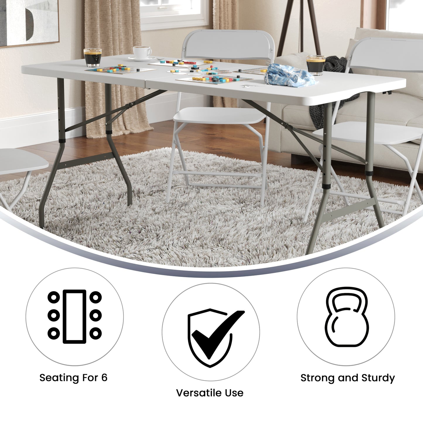 Kathryn 5-Foot Height Adjustable Bi-Fold Granite White Plastic Banquet and Event Folding Table with Carrying Handle Granite White