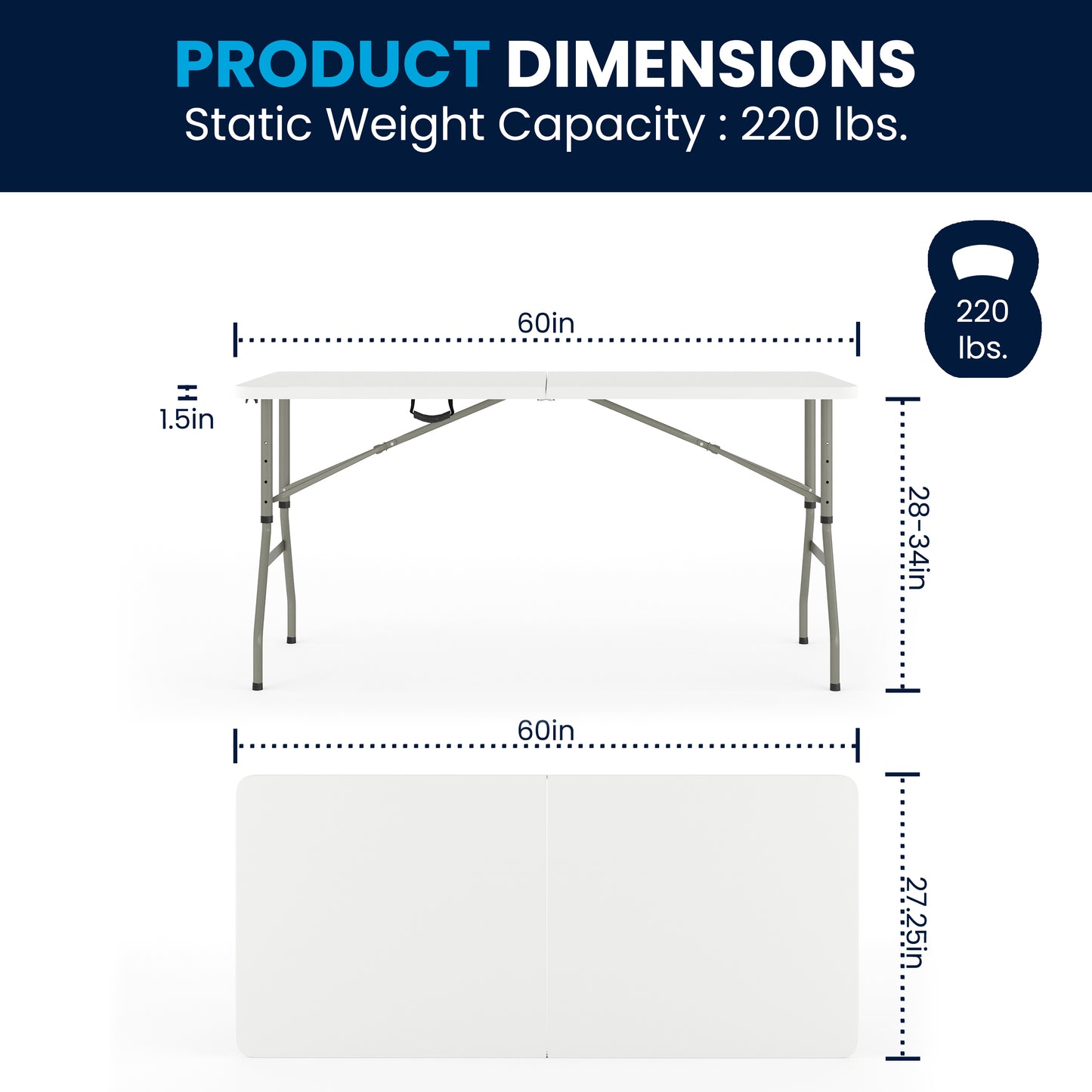 Kathryn 5-Foot Height Adjustable Bi-Fold Granite White Plastic Banquet and Event Folding Table with Carrying Handle Granite White