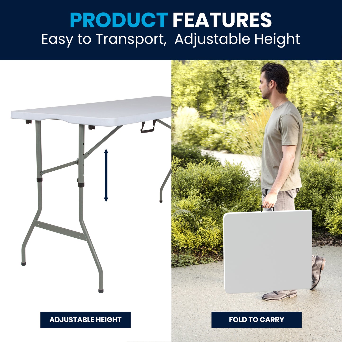 Kathryn 5-Foot Height Adjustable Bi-Fold Granite White Plastic Banquet and Event Folding Table with Carrying Handle Granite White