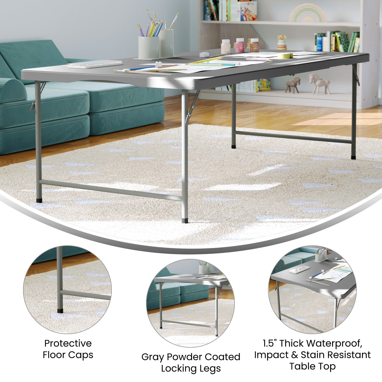 Paige 4.93-Foot Kid's Granite Gray Plastic Folding Table Granite Gray RB-3060-KID-GY-GG