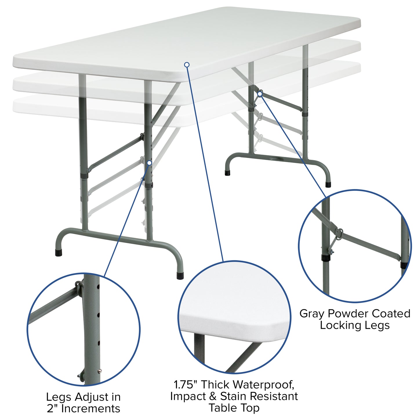 Kathryn 6-Foot Height Adjustable Granite White Plastic Folding Table Granite White RB-3072ADJ-GG