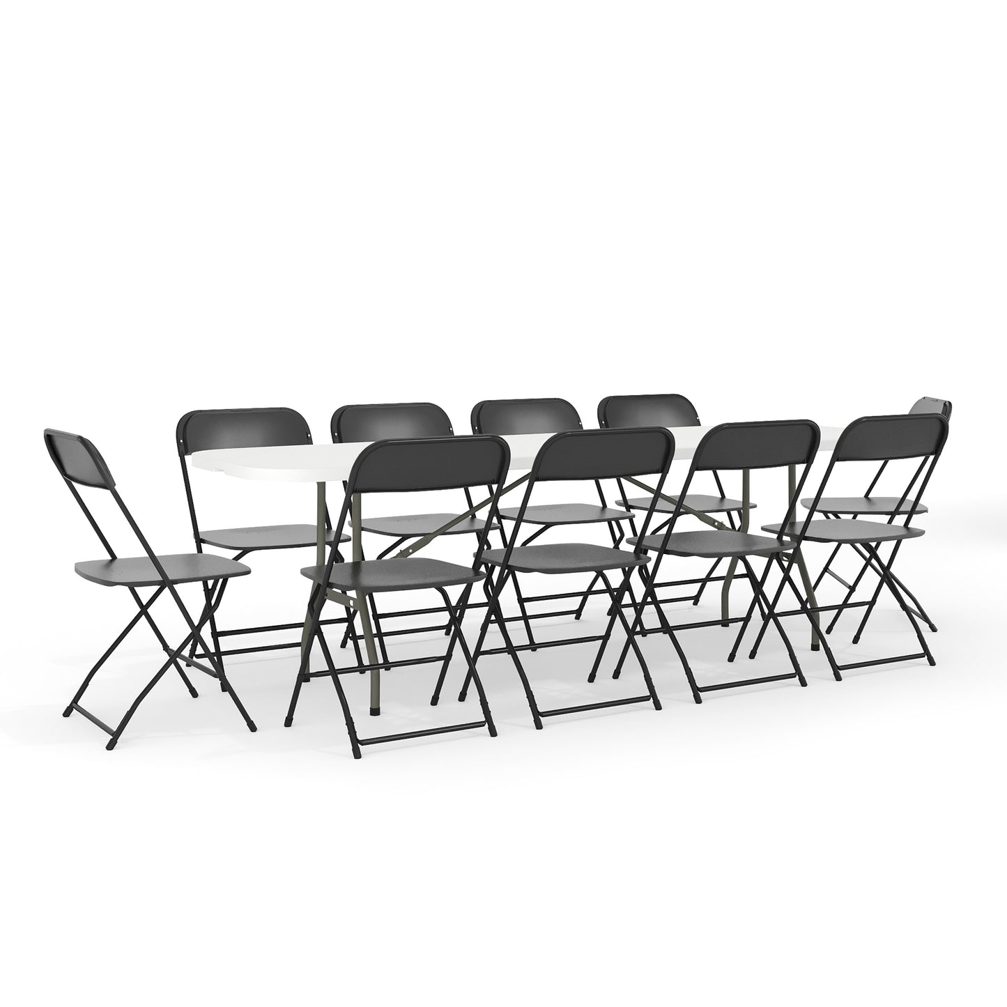Kathryn 8' Bi-Fold Granite White Plastic Event/Training Folding Table Set with 10 Folding Chairs Black