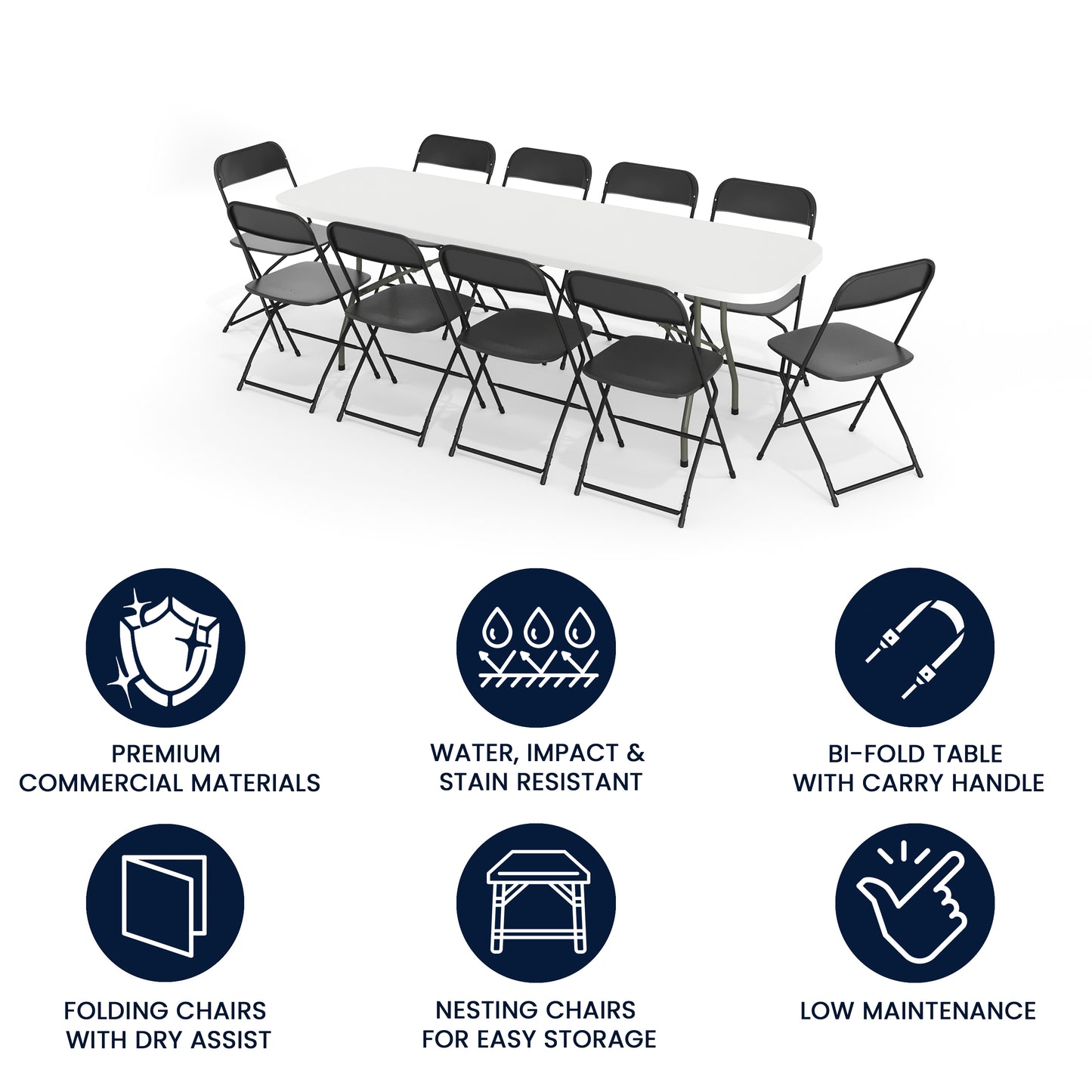 Kathryn 8' Bi-Fold Granite White Plastic Event/Training Folding Table Set with 10 Folding Chairs Black