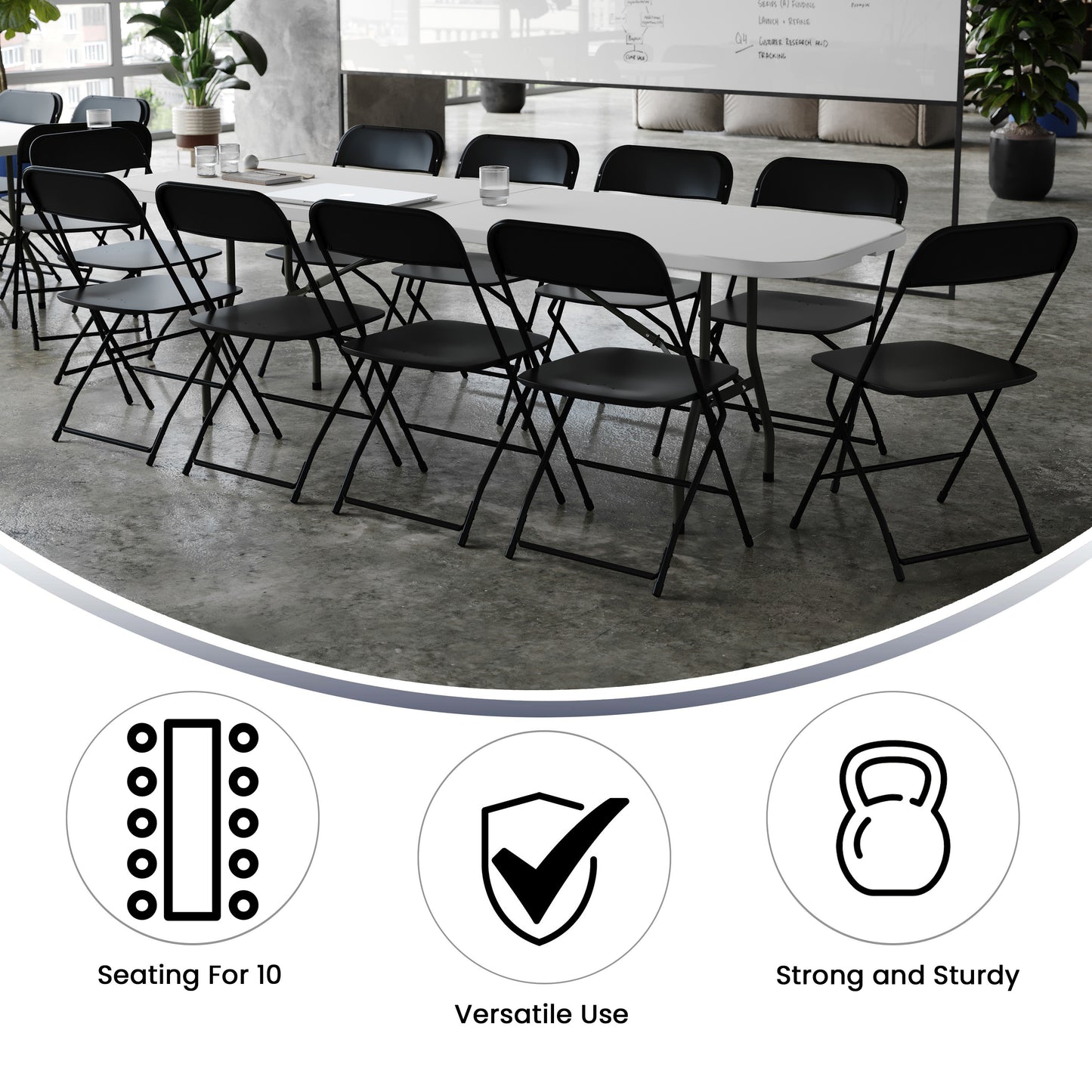 Kathryn 8' Bi-Fold Granite White Plastic Event/Training Folding Table Set with 10 Folding Chairs Black