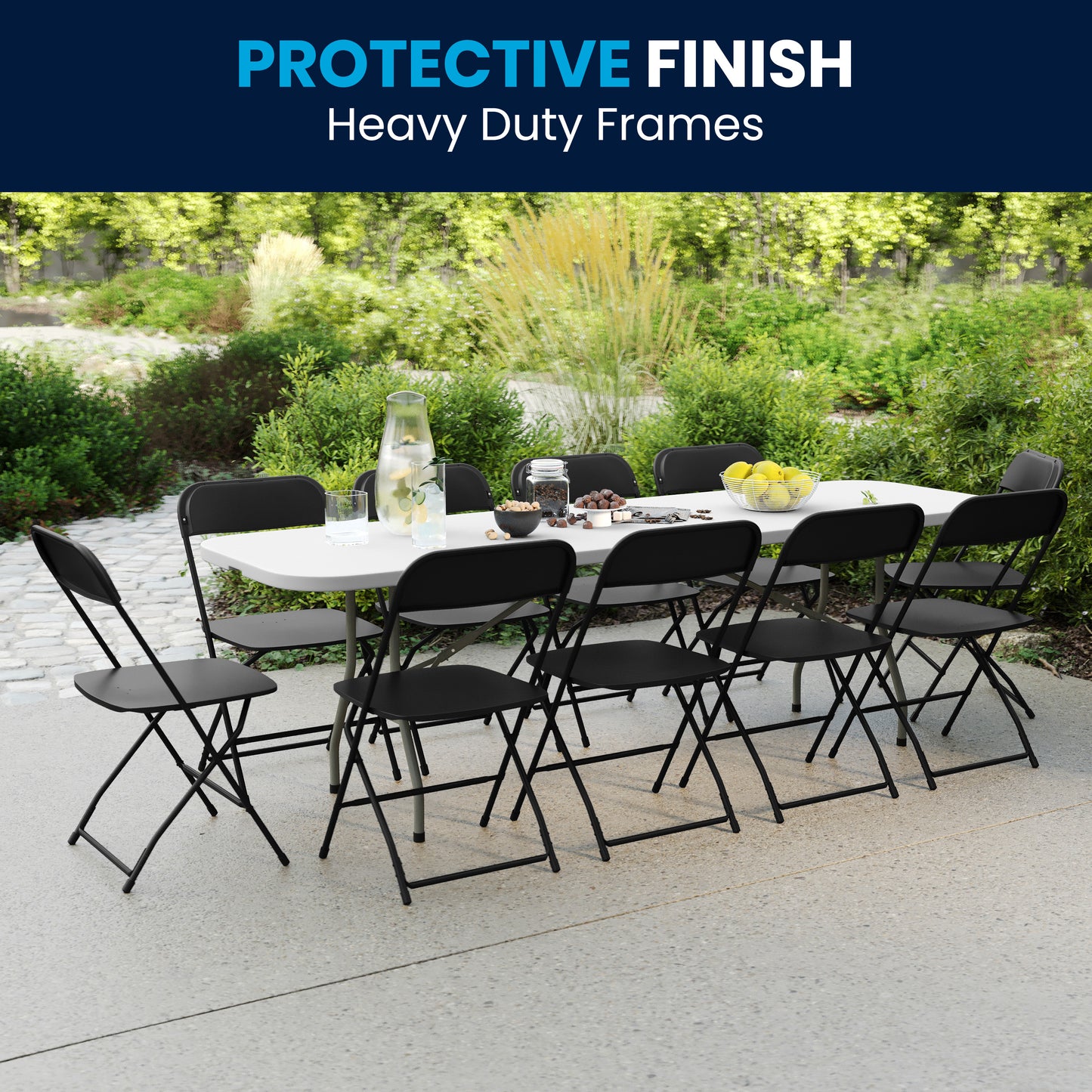 Kathryn 8' Bi-Fold Granite White Plastic Event/Training Folding Table Set with 10 Folding Chairs Black