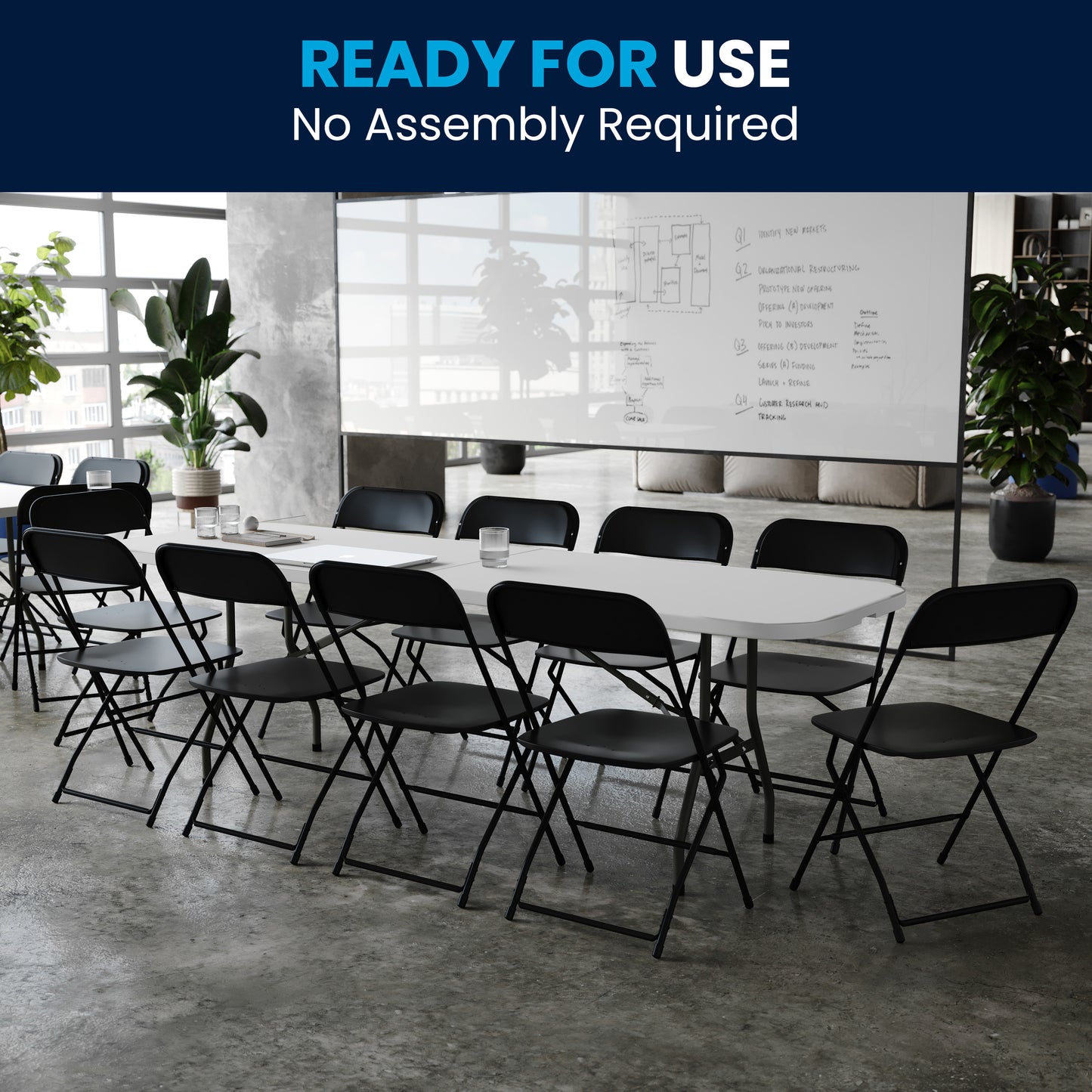 Kathryn 8' Bi-Fold Granite White Plastic Event/Training Folding Table Set with 10 Folding Chairs Black